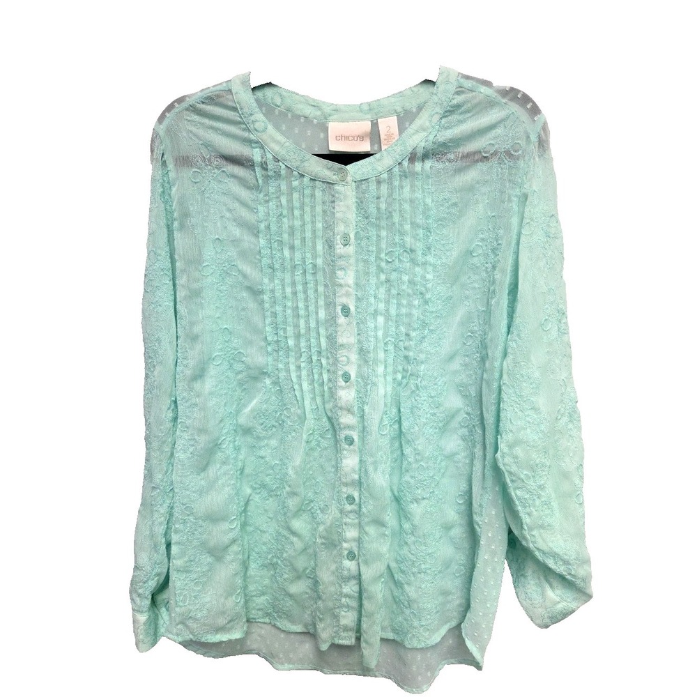 Chico's Kaydence Sheer Mint Embroidered Pleated Button Front Top Tunic Size 2 L